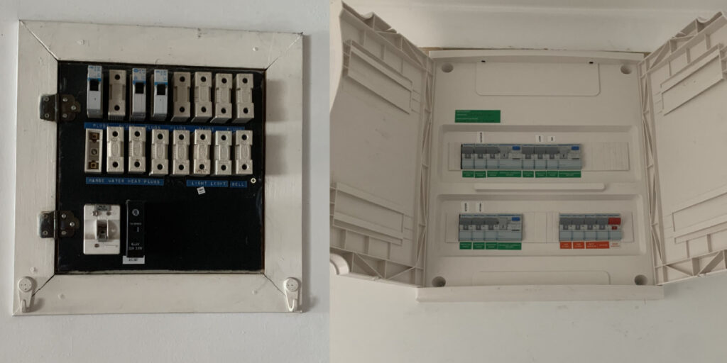 Old fuse board compared with modern switchboard - Christchurch home